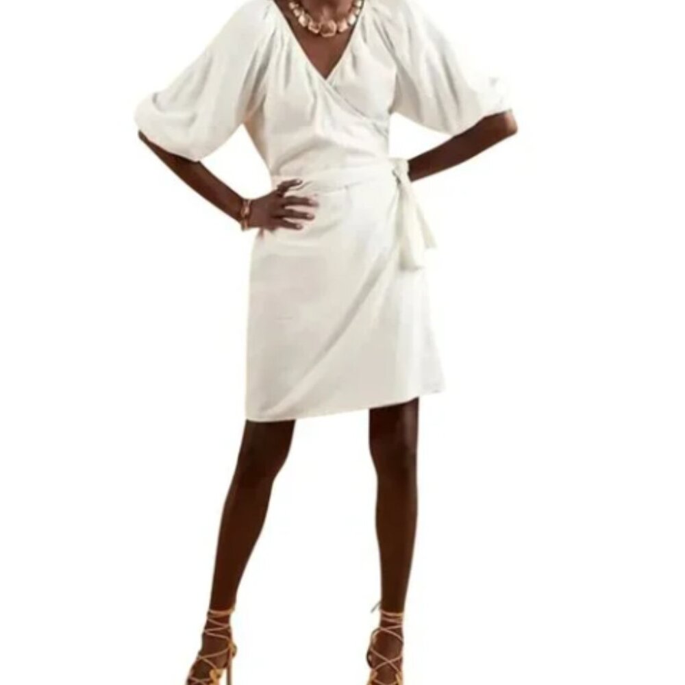 Banana Republic Cream Wrap Midi Dress with Puff Sleeves